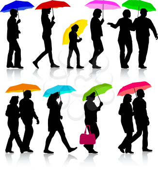 Color silhouettes man and woman under umbrella. Vector illustrations.