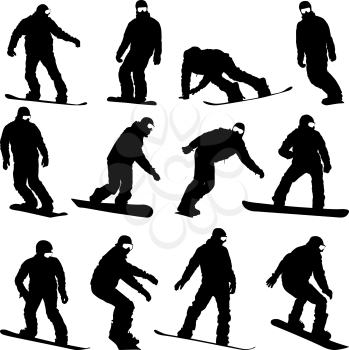 Set black silhouettes  snowboarders on white background. Vector illustration.