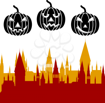 Halloween pumpkin and castle tower. Vector illustration.