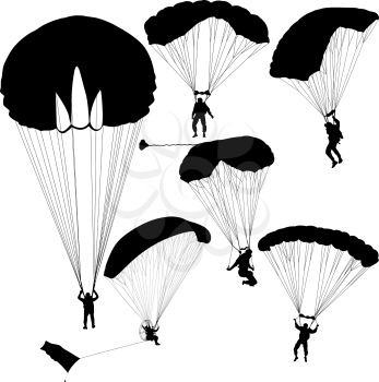 The Set skydiver silhouettes parachuting vector illustration.
