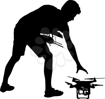 Black silhouette of a man operates unmanned quadcopter vector illustration.