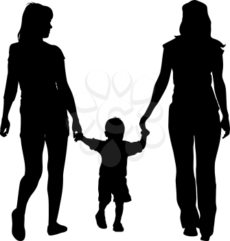 Black silhouettes lesbian couples and family with children on white background. Vector illustration.