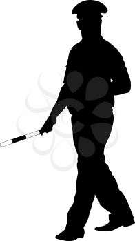 Black silhouettes of Police officer with a rod on white background.