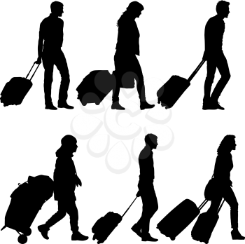 Set black silhouettes travelers with suitcases on white background. Vector illustration.