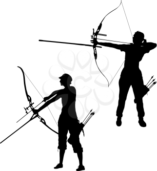 Set silhouette attractive female archer bending a bow and aiming in the target.