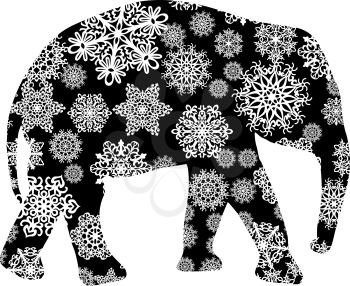 Christmas card elephant in snowflakes on a white background.
