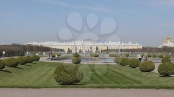 ST. PETERSBURG, RUSSIA, May 12, 2018: The Petergof or Peterhof, known as Petrodvorets from 1944 to 1997 and Neptune Fountain on May 12, 2018 in St. Petersburg, Russia.