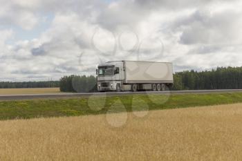 The truck is driving along the road against the background of a wheat field.