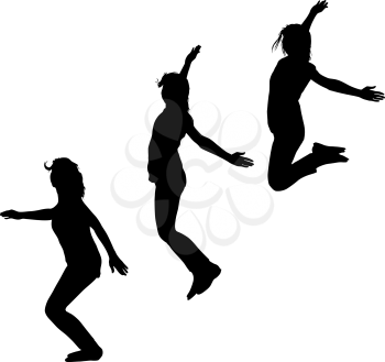 Silhouette of three young girls jumping with hands up, motion.