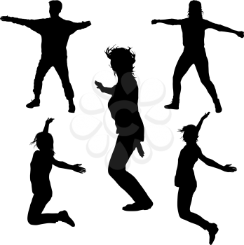 Silhouette of young people jumping with hands up, motion.
