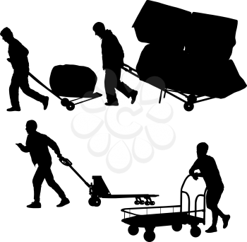 Set black silhouette hard worker pushing wheelbarrow and carry big box isolated on white background.