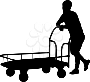 Black silhouette hard worker pushing wheelbarrow and carry big box isolated on white background.