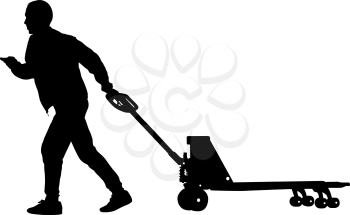 Black silhouette hard worker pushing wheelbarrow and carry big box isolated on white background.