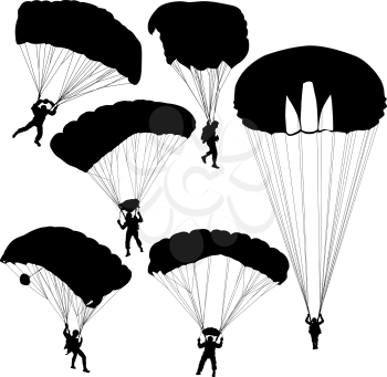 Set skydiver silhouettes parachuting a vector illustration.
