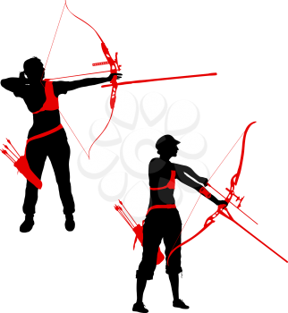 Set silhouette attractive female archer bending a bow and aiming in the target.