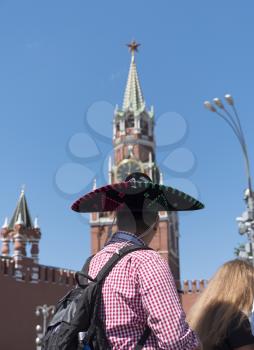 MOSCOW - JUNE 15, 2018: Soccer World Cup Fanatics of Mexico with their typical costumes in the streets June 15, 2018 in Moscow, Russia.