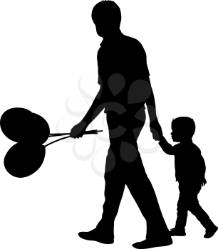 Silhouette of happy family with balloons in hand on a white background.
