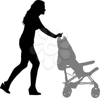 Silhouettes walkings mothers with baby strollers on white background.
