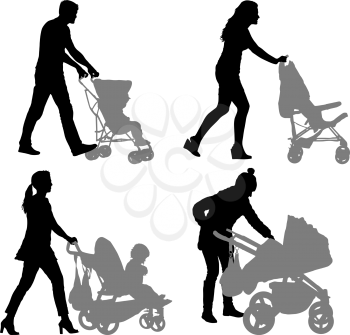 Set silhouettes walkings mothers with baby strollers.