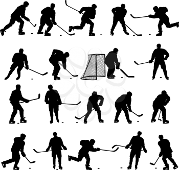 Set of silhouettes of hockey player. Isolated on white.