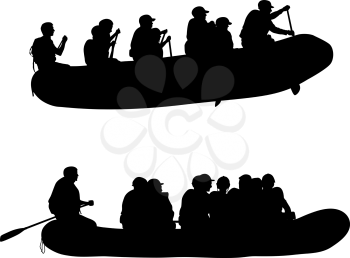 Silhouette descent on a river water rafters on a white background.