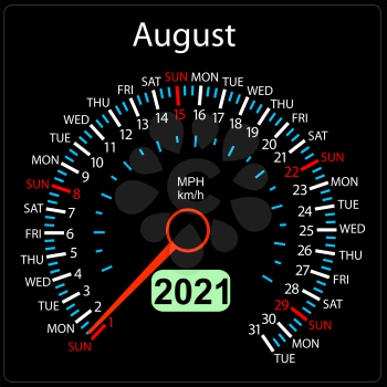 The 2021 year calendar speedometer a car August.