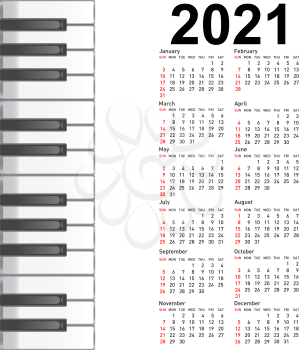 New calendar 2021 with a musical background piano keys.