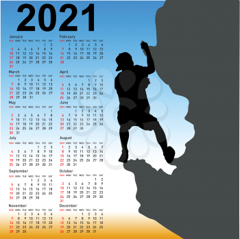 Stylish calendar with silhouette rock climber on against the blue sky for 2021.