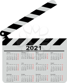 Calendar for 2021, movie clapper board on a white background.