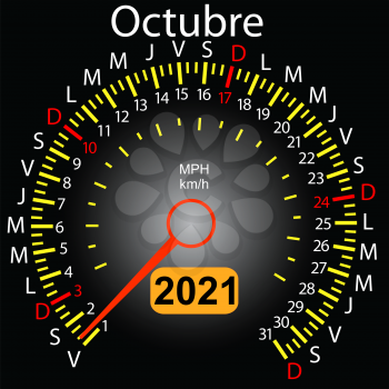 2021 year calendar speedometer car in Spanish October.
