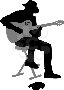 Silhouette musician plays the guitar on a white background.