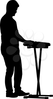 Silhouette musician plays the synthesizer on a white background.