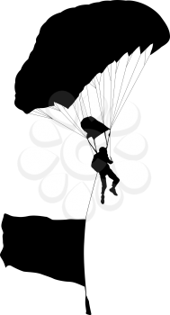 Skydiver, silhouettes parachuting on white background.
