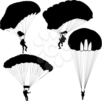 Set skydiver, silhouettes parachuting on white background.
