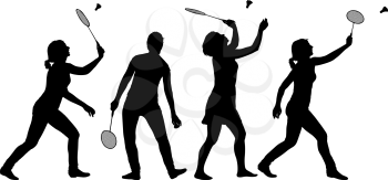 Black set silhouette of female badminton player on white background.