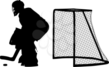 Silhouette of hockey goalkeeper on white background.