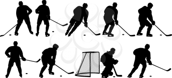Set of silhouettes of hockey player Isolated on white.