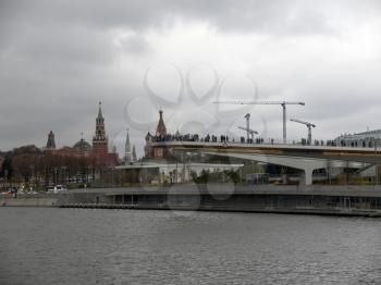 Moscow - June 25, 2018: Zaryadye Park Amazing view of the hovering bridge above Moskva River.