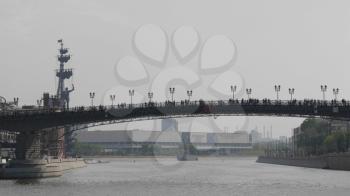 MOSCOW, RUSSIA , May 09, 2019: Patriarchal pedestrian bridge was built in 2004 by architect Mikhail Posokhin.