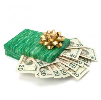 Dotation concept. Money inside gift box isolated on white background.