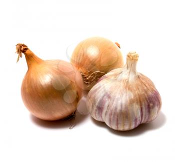 Garlic and onion isolated on white close up