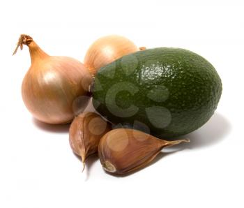 Garlic, onion and avocado isolated on white close up