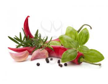 Chili pepper and flavoring herbs isolated on white background