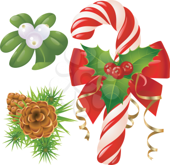 Royalty Free Clipart Image of Candy Cane, Pine Cones, Mistletoe and Holly