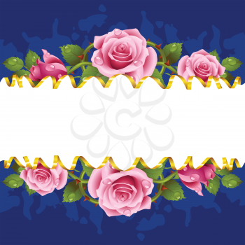 Vector horizontal frame whith pink roses and golden ribbon