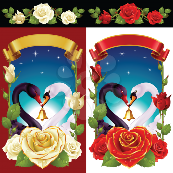 Vector Set of Floral Decoration. Red and White Roses, Couple Swans, Ribbon and Dawn Background. One of Flowers in Heart Shape with Golden Border. Valentines Day Card or Wedding Invitation