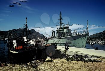 Royalty Free Photo of a Tranquil Pier with Warship and Civilian Fishing Boats 