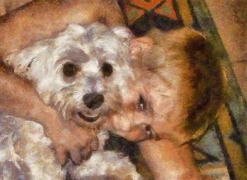 Royalty Free Photo of a Painting of a Boy Cuddling His Dog