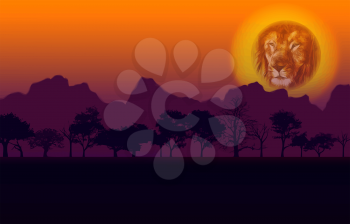 Colorful African Nature Sunset with Lion Head Sun Silhouetted Trees and Mountain Vector