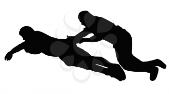 Sport Silhouette - Rugby Player Dives for Try Line with Tackler Holding On